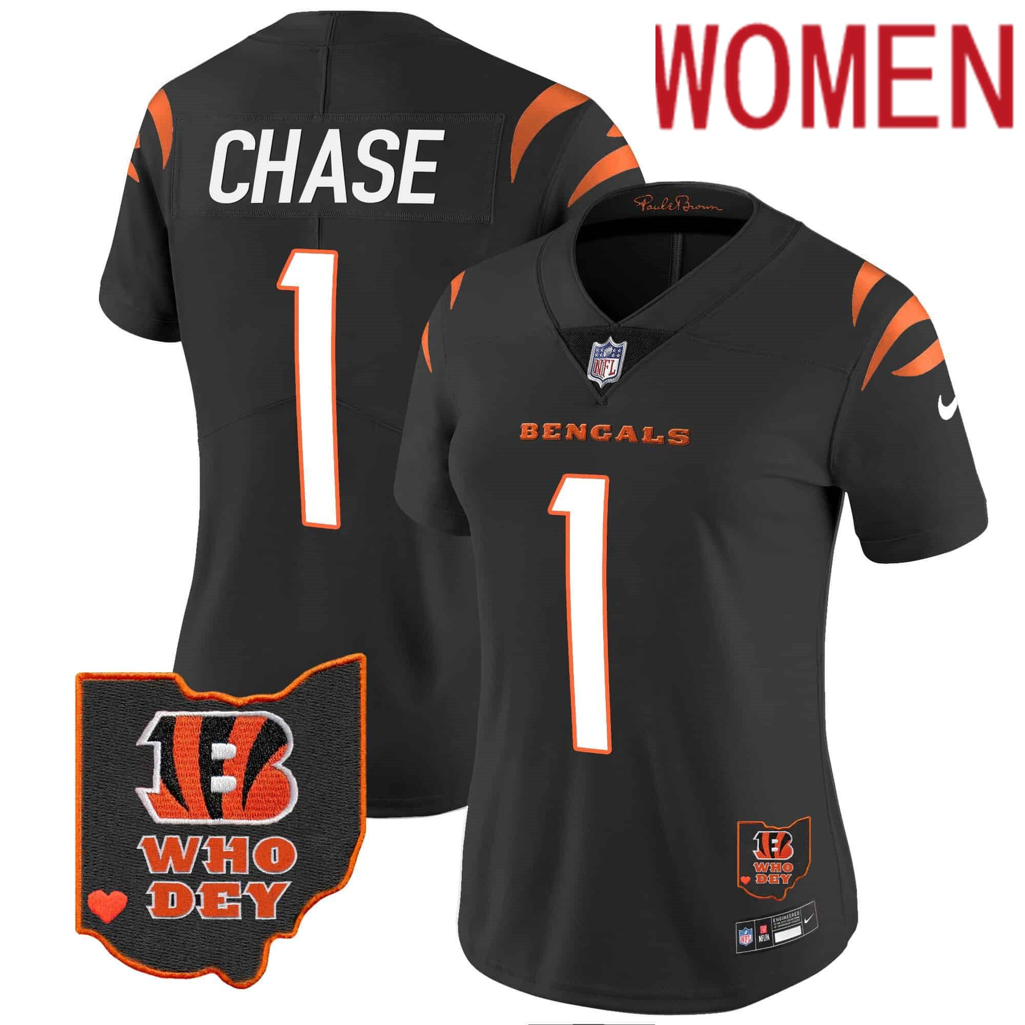 Women Cincinnati Bengals #1 Chase Black 2024 Nike Patch Vapor Limited NFL Jersey style 2
